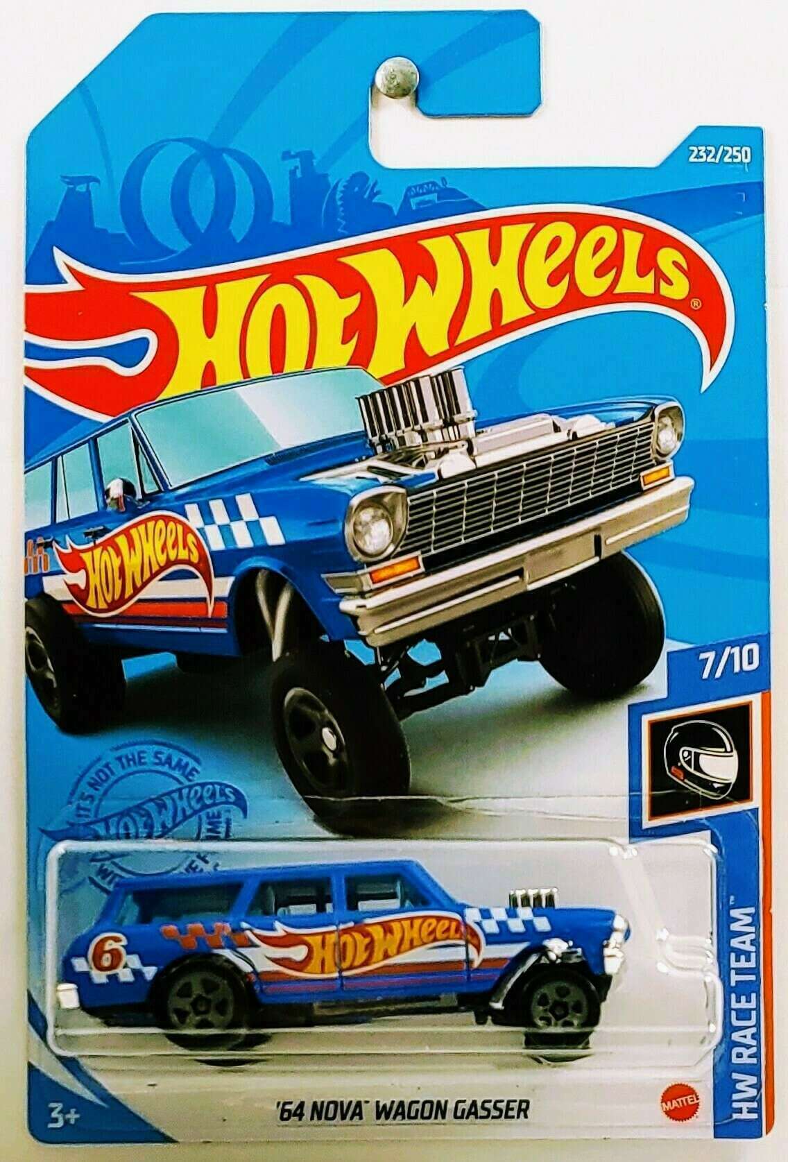 Hot Wheels 2021 - Collector # 232/250 - HW Race Team 7/10 - '64 Nova Wagon Gasser - Flat Blue - Black 5SP Wheels - Blue Windows - Dark Chrome Interior - Black Plastic Base - International Long Card