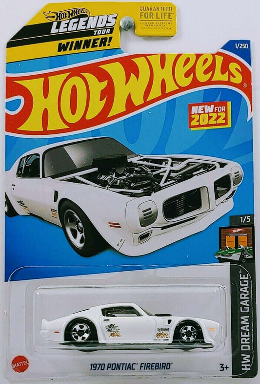 Hot Wheels 2022 - Collector # 001/250 - HW Dream Garage 1/5 - New Models - 1970 Pontiac Firebird - White - USA Card / Legends Tour Winner