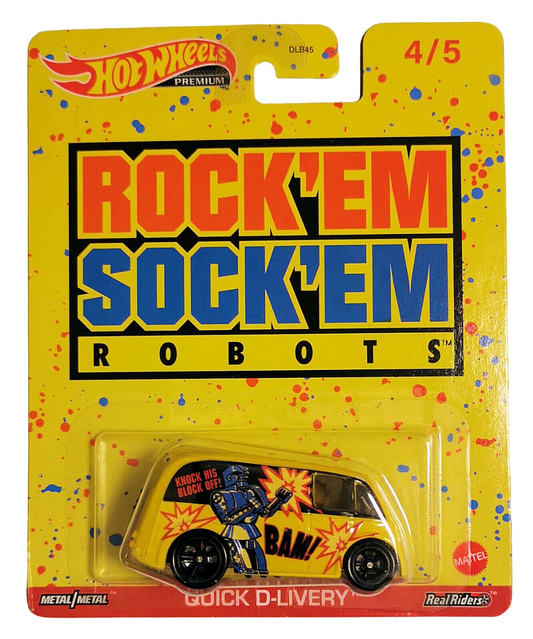 Hot Wheels 2022 - Premium / Pop Culture / Mattel Brands 4/5 - Quick D-Livery - Yellow / Rock'em Sock'em Robots - Metal/Metal & Real Riders