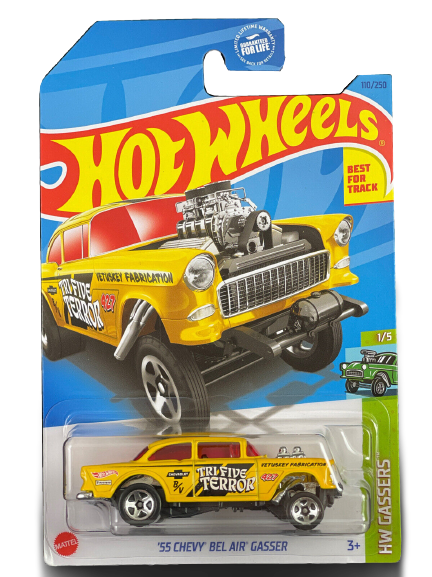 Hot Wheels 2023 - Collector # 110/250 - HW Gassers 1/5 - '55 Chevy Bel Air Gasser - Yellow / Tri-Five Terror - USA