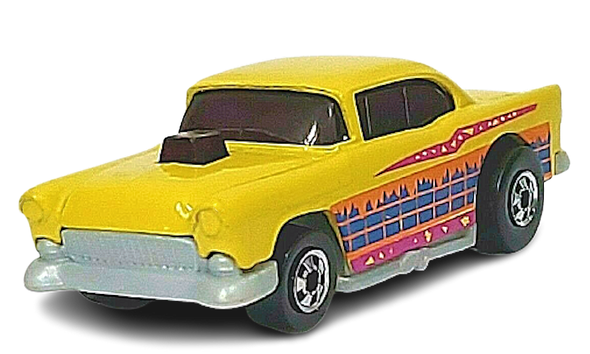 Hot Wheels 1990 - Collector # 95 - '55 Chevy - Yellow - Basic Wheels - USA Blue Card with Speed Points