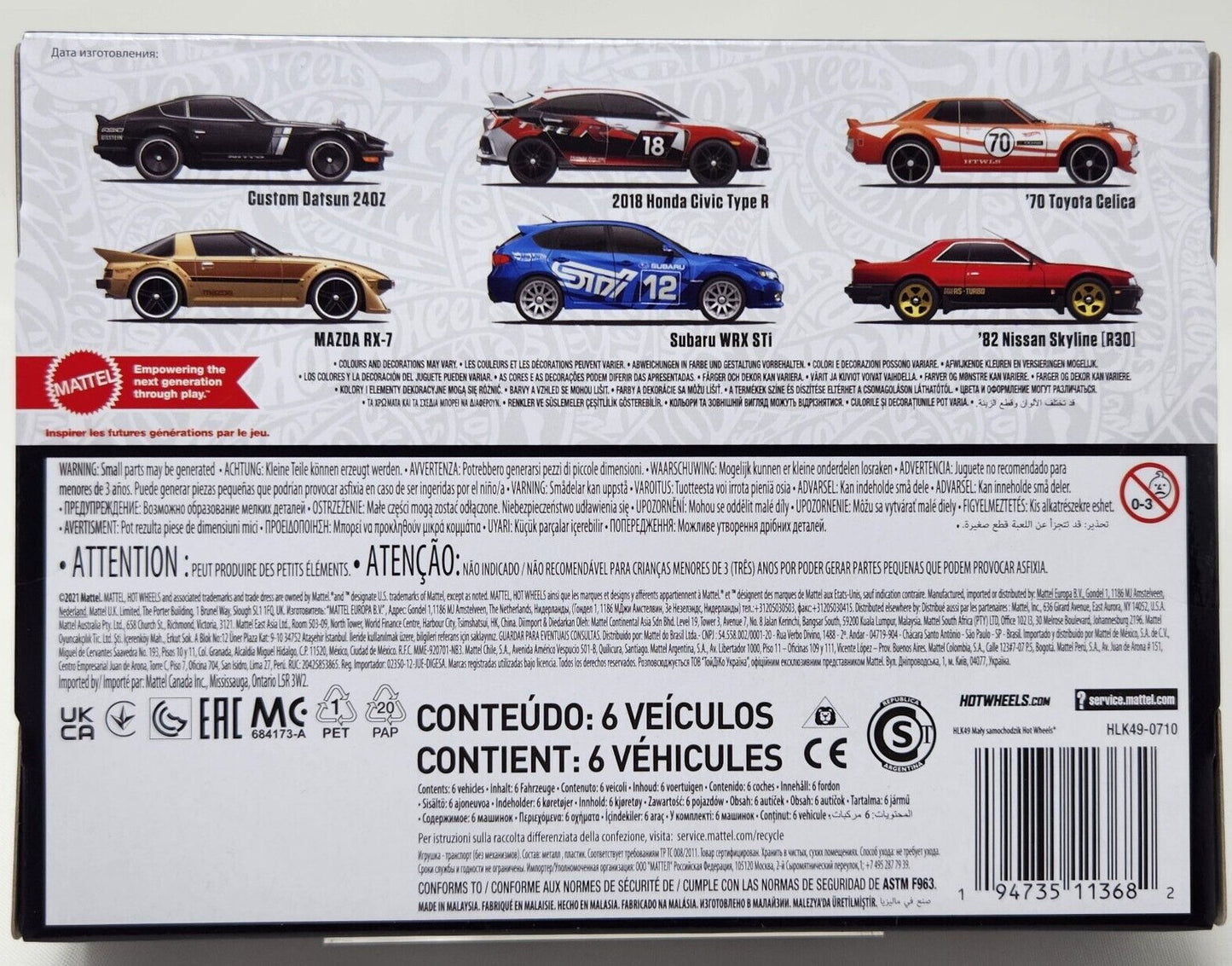 Hot Wheels 2023 - JDM 6 Pack Box Set - Custom Datsun 240 Z, 2018 Honda Civic Type R, '70 Toyota Celica, Mazda RX-7, Subaru WRX STi & '82 Nissan Skyline (R30)