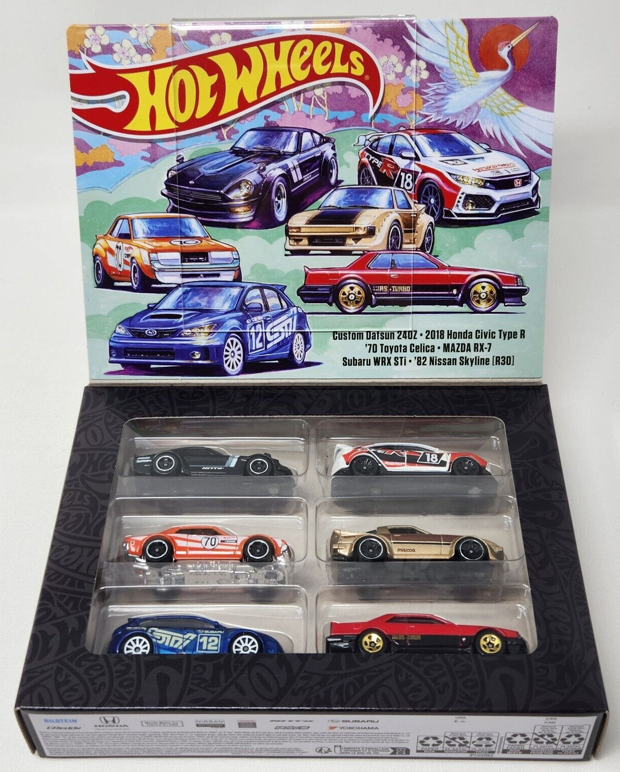 Hot Wheels 2023 JDM 6 Pack Box Set Custom Datsun 240 Z 2018 Honda Civic Type R 70 Toyota Celica Mazda RX 7 Subaru WRX STi 82 Nissan