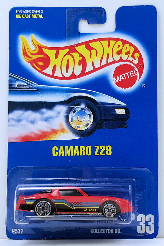 Hot Wheels 1991 - Collector # 033 - Camaro Z28 - Red - Ultra Hots - Unpainted Metal Base - USA Blue Card