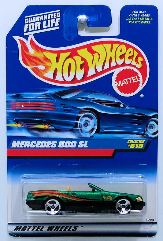 Hot Wheels 1998 - Collector # 815 - Mercedes 500SL - Metallic Green - USA Blue Car Card