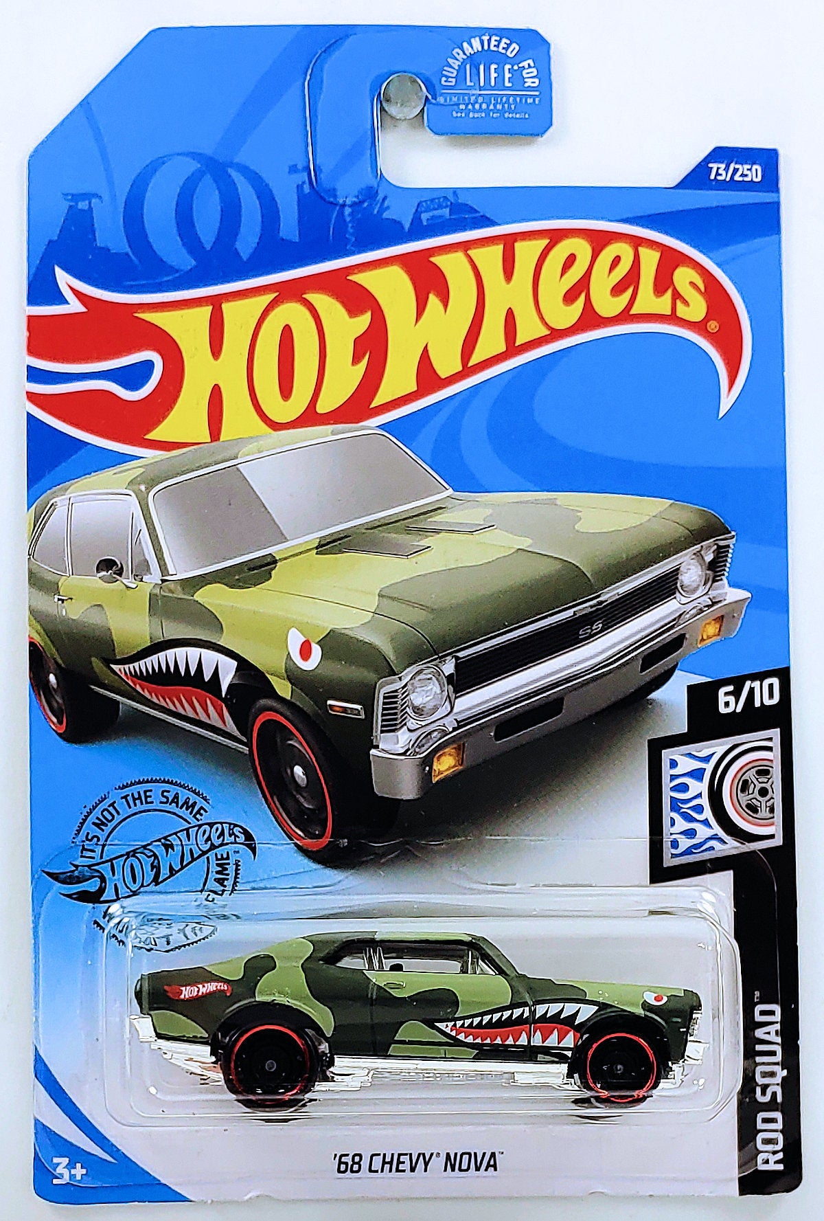 Hot Wheels 2020 - Collector # 073/250 - Rod Squad 6/10 - '68 Chevy Nova - Olive Green / Shark Teeth - USA Card