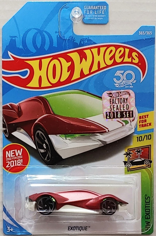 Hot Wheels 2018 - Collector # 365/365 - HW Exotics 10/10 - Exotique - Satin Red - USA 50th Card with Factory Sticker