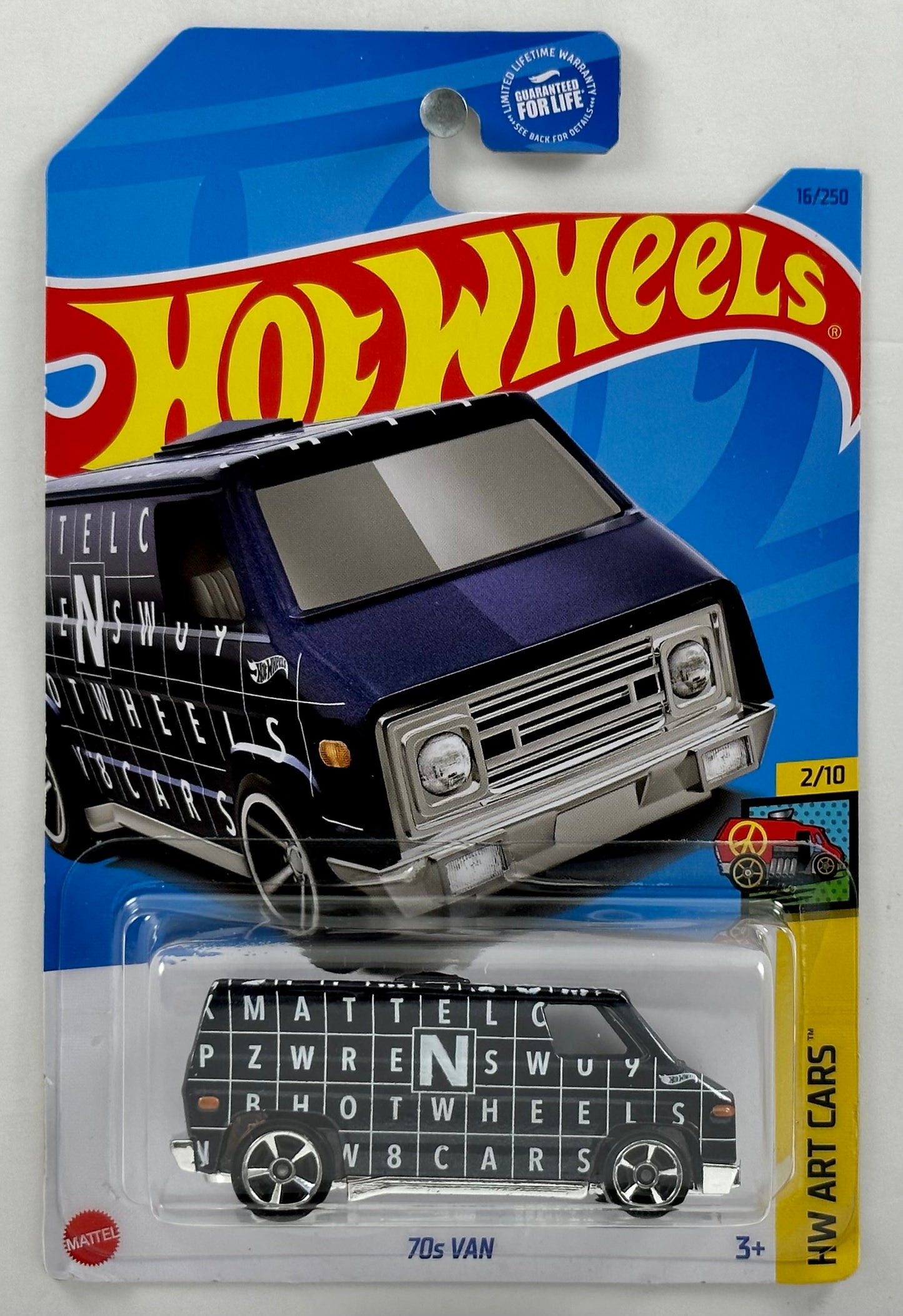 Hot Wheels 2023 - Collector # 016/250 - HW Art Cars 2/10 - 70s Van - Dark Blue / Crossword Graphics - USA