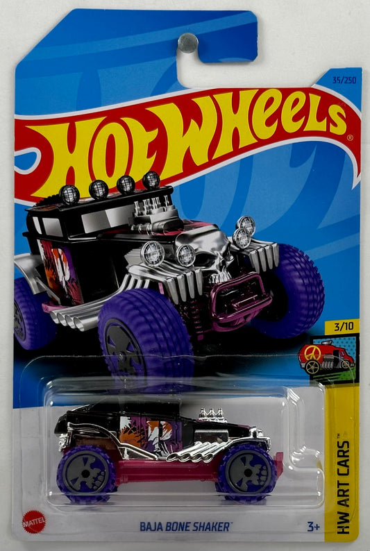 Hot Wheels 2023 - Collector # 035/250 - HW Art Cars 3/10 - Baja Bone Shaker - Black - Purple Wheels / Grey Skull Rims - IC