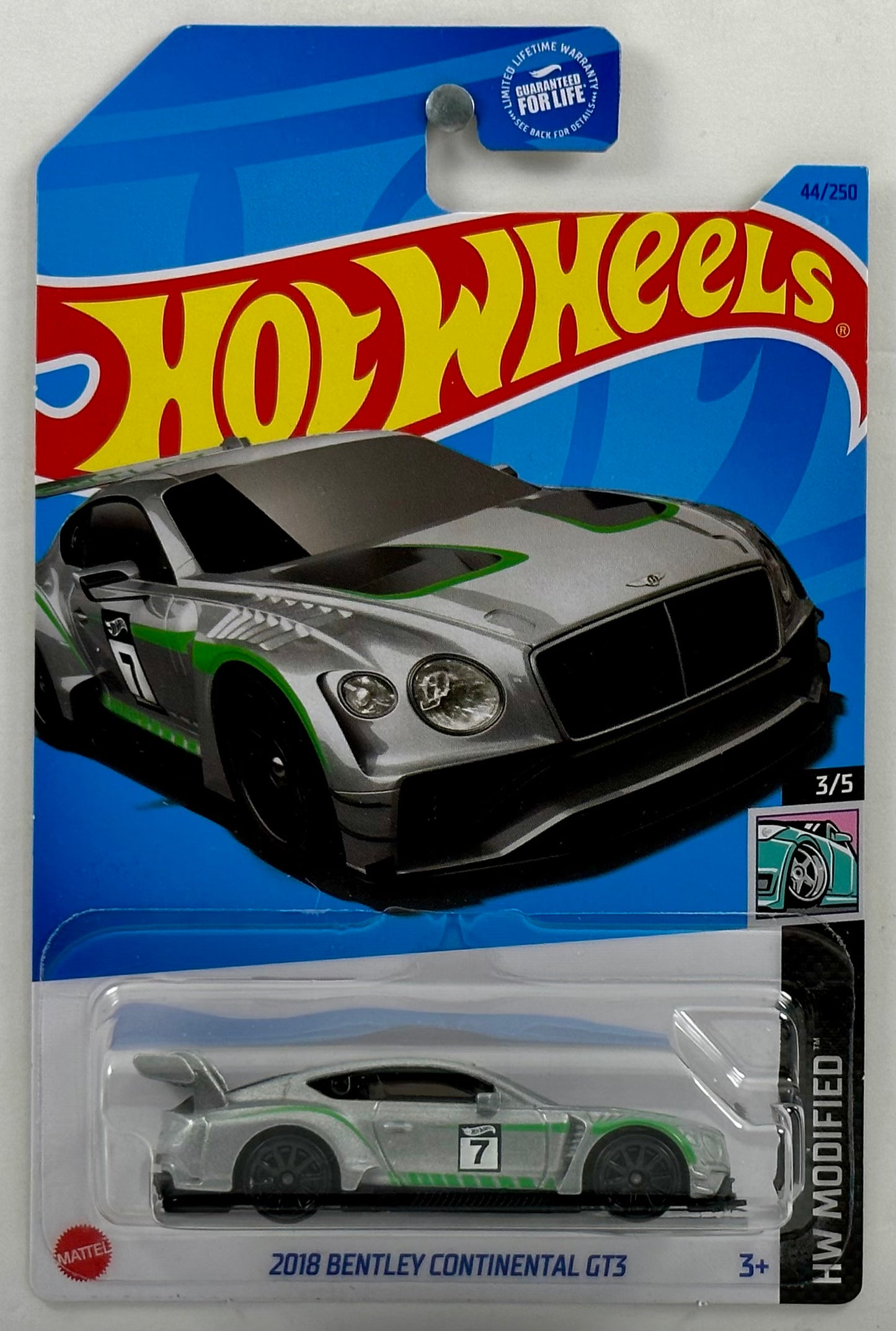 Hot Wheels 2023 - Collector # 044/250 - HW Modified 3/5 - 2018 Bentley Continental GT3 - Grey - Green Stripes / Hot Wheels "7" Graphics - USA