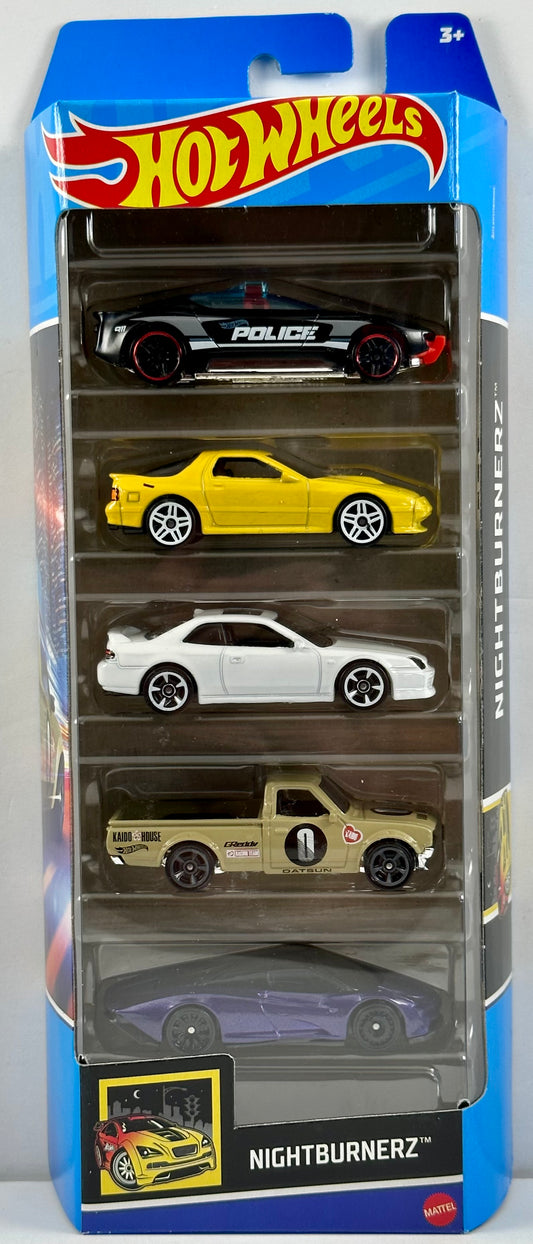 Hot Wheels 2023 - Gift Pack / 5 Pack - Nightburners - Alpha Pursuit, '89 Mazda Savanna RX-7 FC3S, '98 Honda Prelude, Datsun 620 & McLaren Speedtail