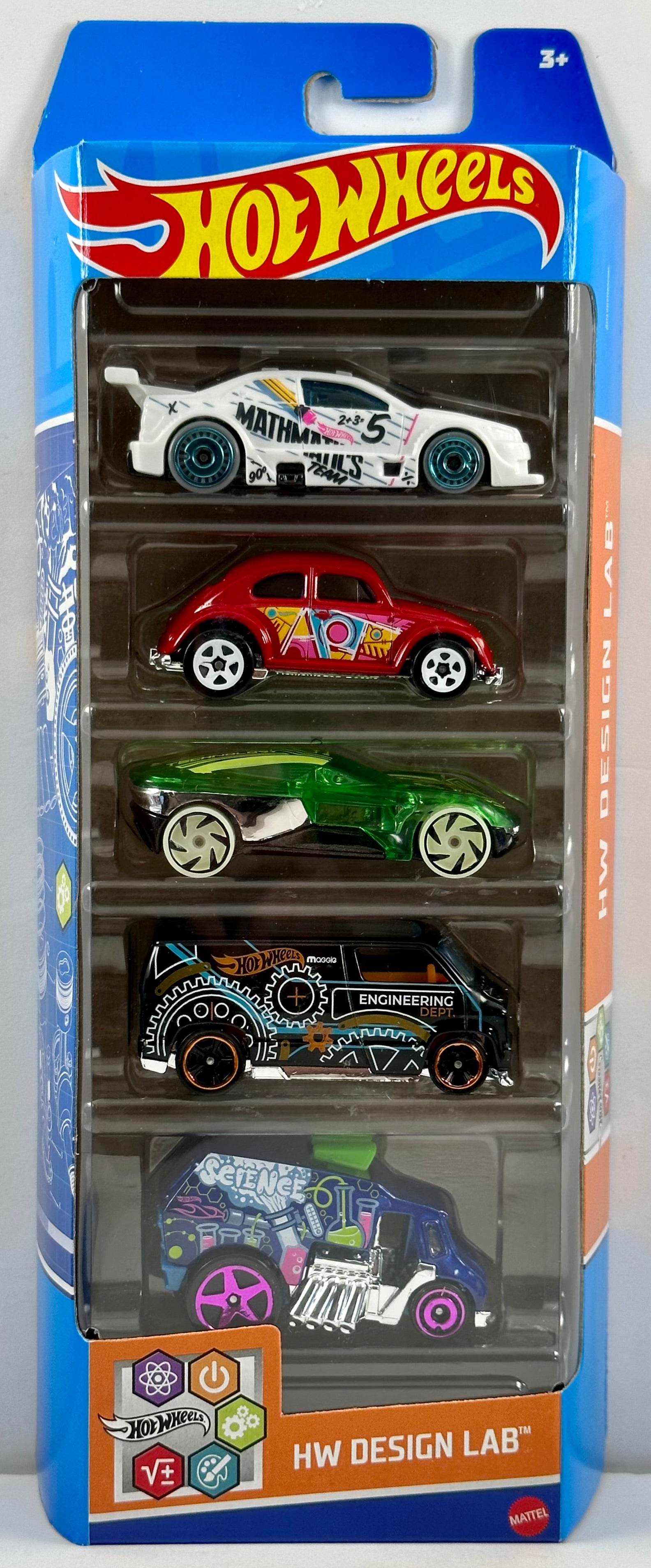 Hot Wheels 2023 Gift Pack 5 Pack HW Design Lab Volkswagon Beetle Amazoom Forward Force Custom 77 Dodge Van Cool One