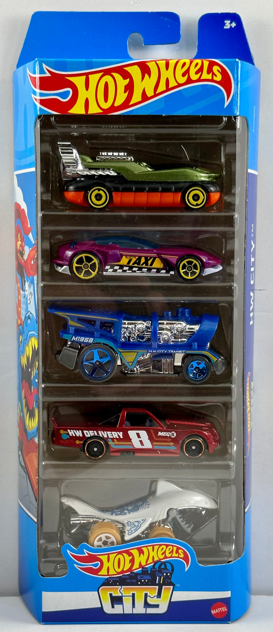 Hot Wheels 2023 - Gift Pack / 5 Pack - HW City - Hover Storm, Gazella GT, Loco Motorin', Circle Trucker & Shark Bite