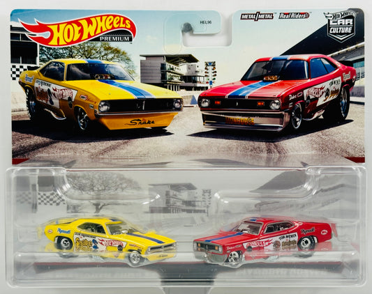 Hot Wheels 2022 - Premium / Car Culture - Snake and Mongoose Theme 2 Pack - '72 Plymouth Cuda FC & Plymouth Duster Funny Car - Yellow & Red - Metal/Metal & Real Riders - Target Exclusive