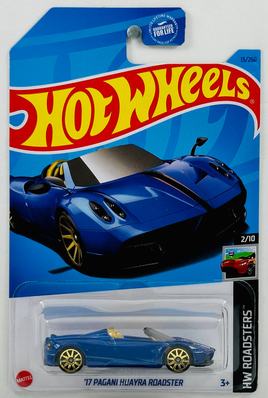 Hot Wheels 2023 - Collector # 013/250 - Roadsters 02/10 - '17 Pagani Huayra Roadster - Metalflake Dark Blue - Gold Interior / Rims - USA