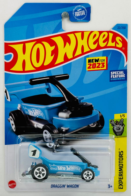 Hot Wheels 2023 - Collector # 022/250 - Experimotors 01/05 -  New Models - Draggin' Wagon - Blue - "1" on Spoiler / Hot Wheels Graphics - USA