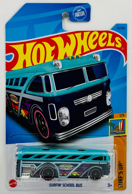 Hot Wheels 2023 - Collector # 024/250 - Surf's Up 01/05 - Surfin' School Bus - Turquois & Dark Blue - Palm Tree Graphics - USA