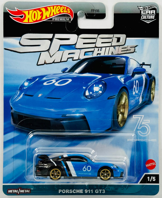 Hot Wheels 2023 - Premium / Car Culture / Speed Machines 01/05 - Porsche 911 GT3 - Blue / "60" - Metal/Metal & Real Riders